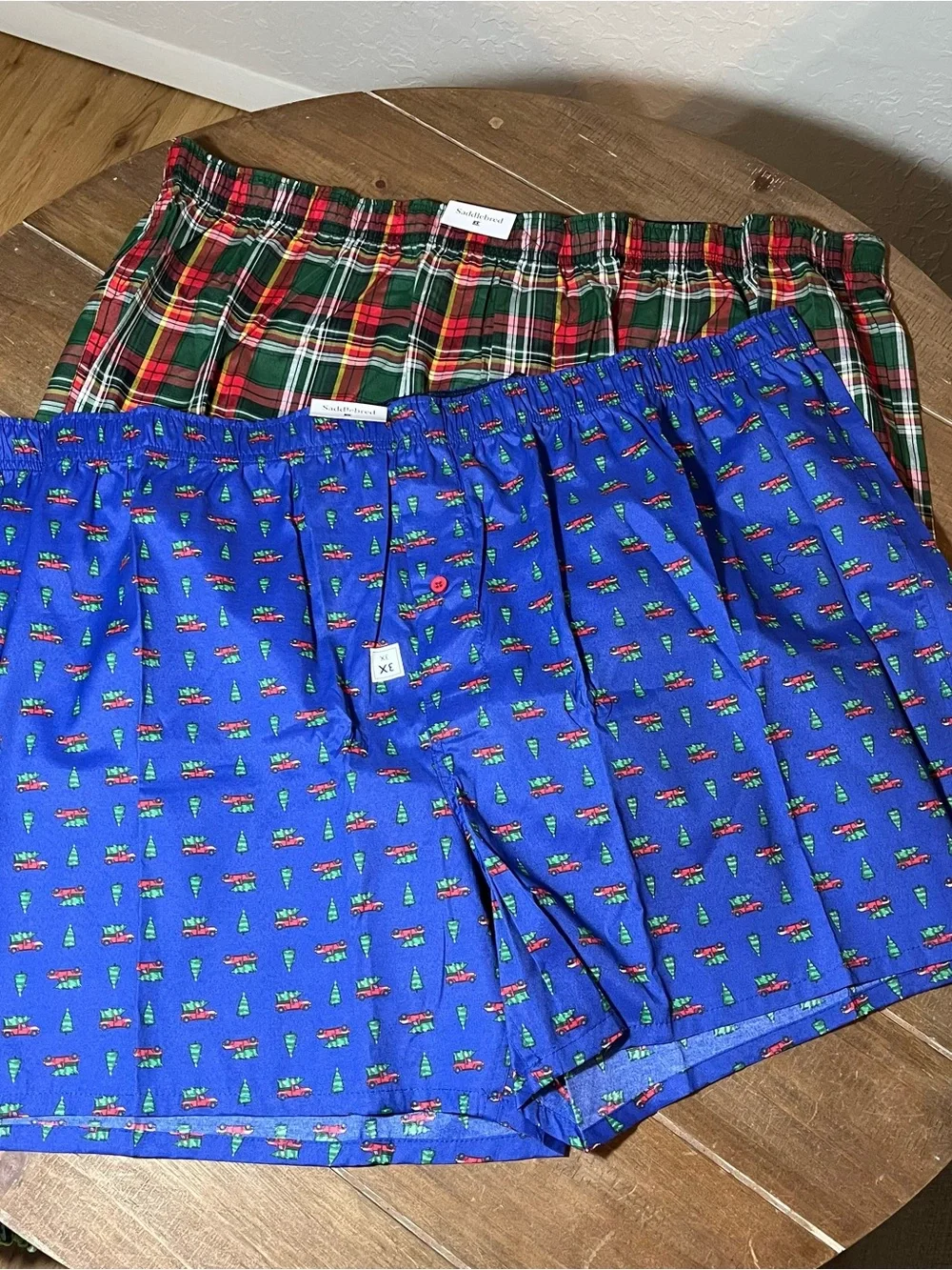 Saddlebred Christmas Tree print & Green Red Plaid Cotton Boxer Shorts - 2 Pack